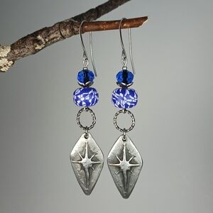 HAND CRAFTED Blue Glass Artisan Pewter North Star Dangle Earrings